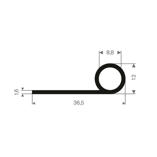 P-list (homogent gummi) 36,5 x 12 mm - 25 meter